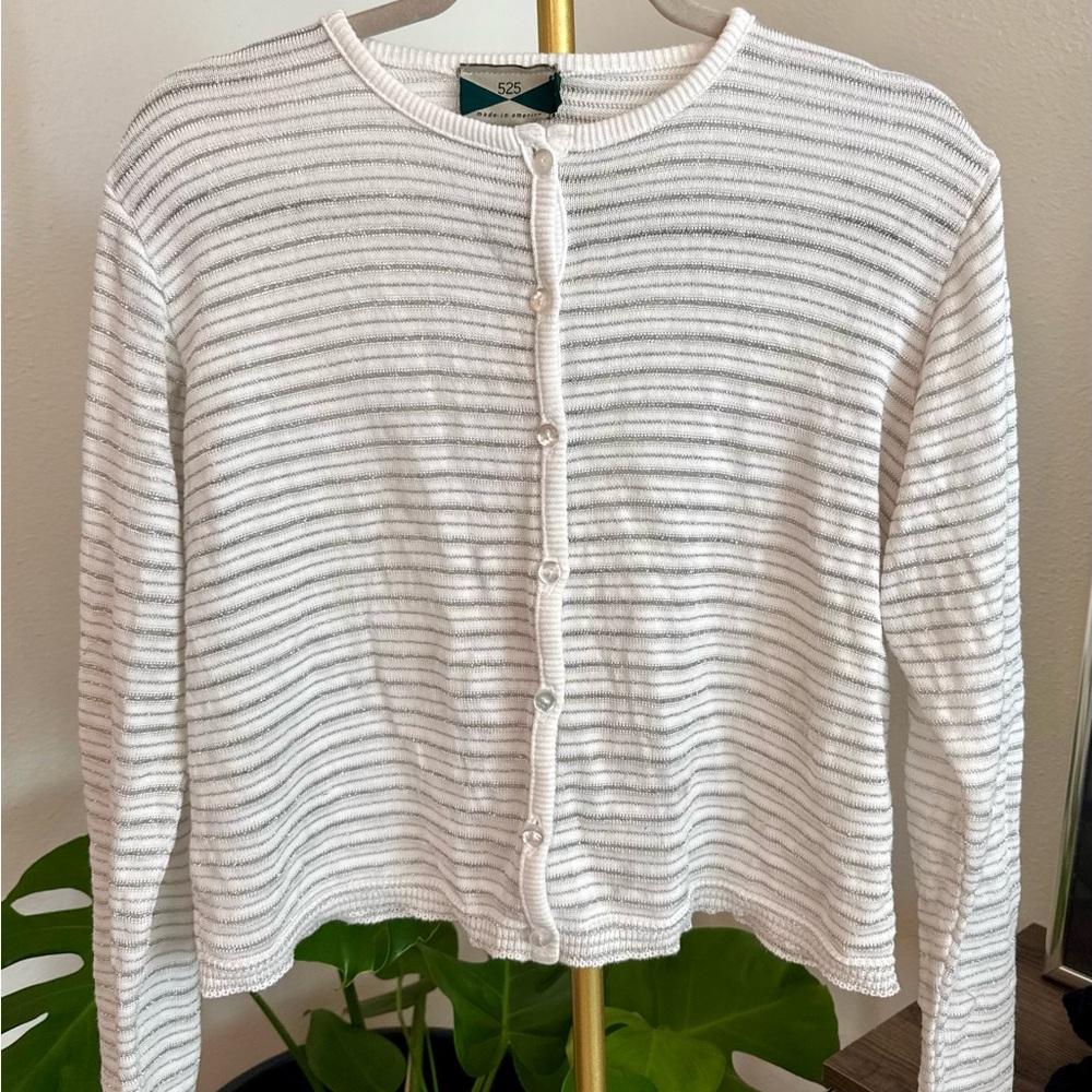 525 America White Knit Button-Front Striped Top
